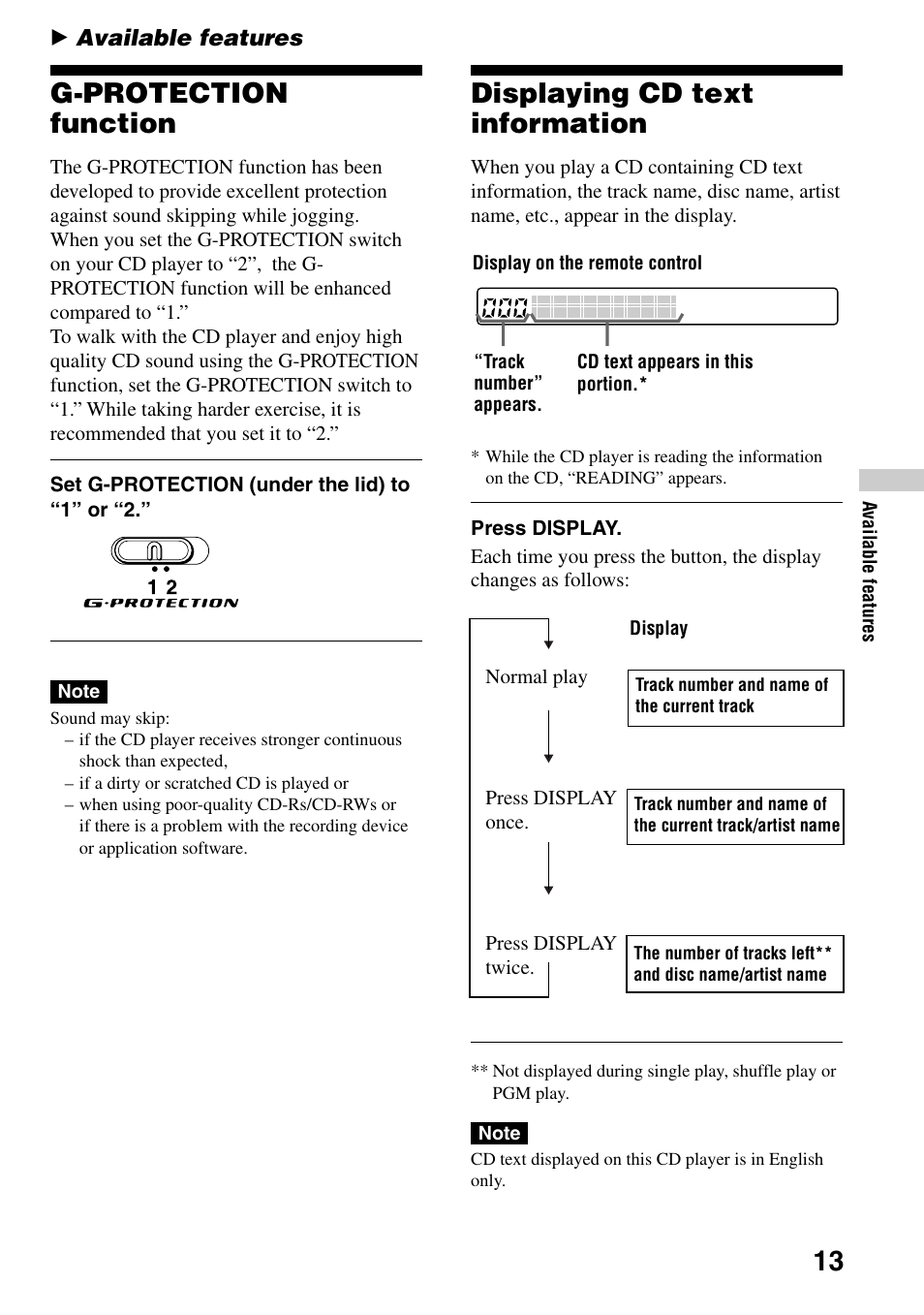 Available features, G-protection function, Displaying cd text information | Sony D-EJ855 User Manual | Page 13 / 28