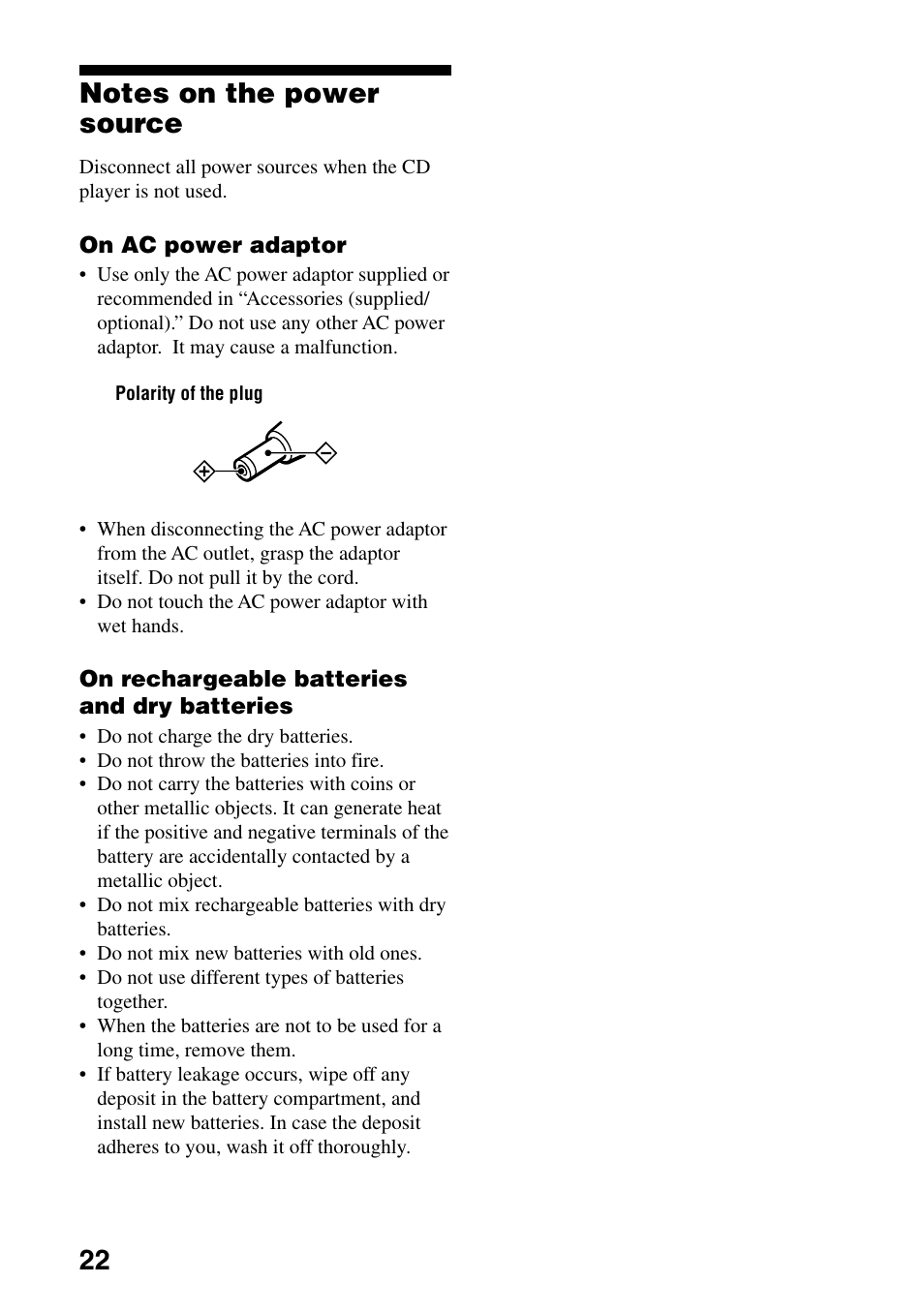 Notes on the power source | Sony D-EJ855 User Manual | Page 22 / 28