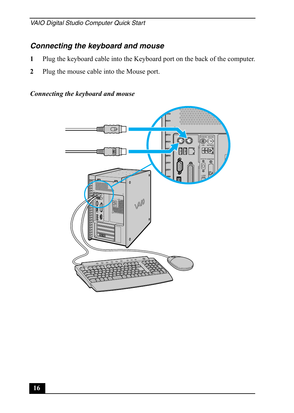 Connecting the keyboard and mouse, Vaio digital studio computer quick start | Sony Vaio Series User Manual | Page 16 / 72