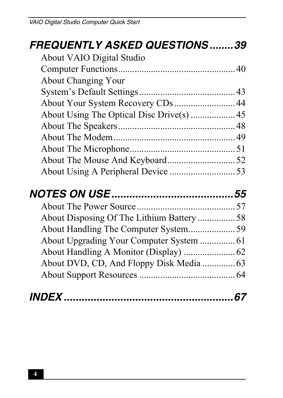 Frequently asked questions, Index | Sony Vaio Series User Manual | Page 4 / 72