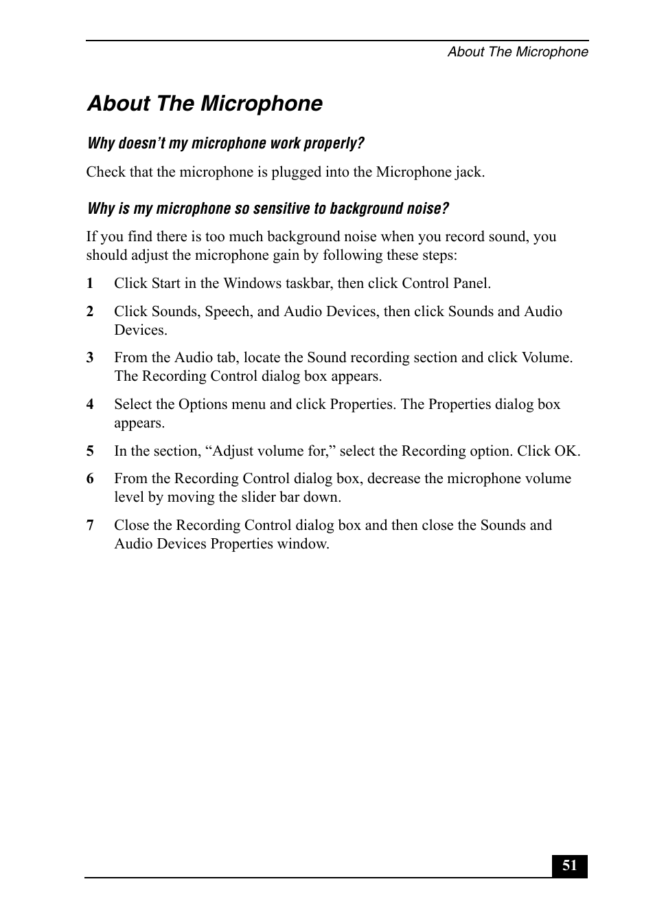 About the microphone | Sony Vaio Series User Manual | Page 51 / 72