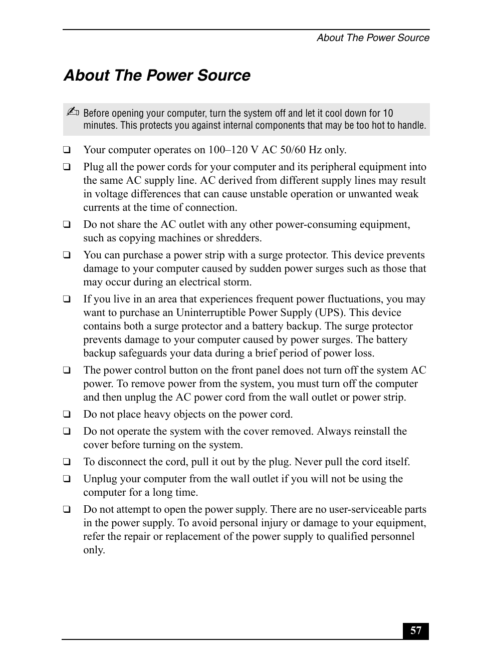 About the power source | Sony Vaio Series User Manual | Page 57 / 72