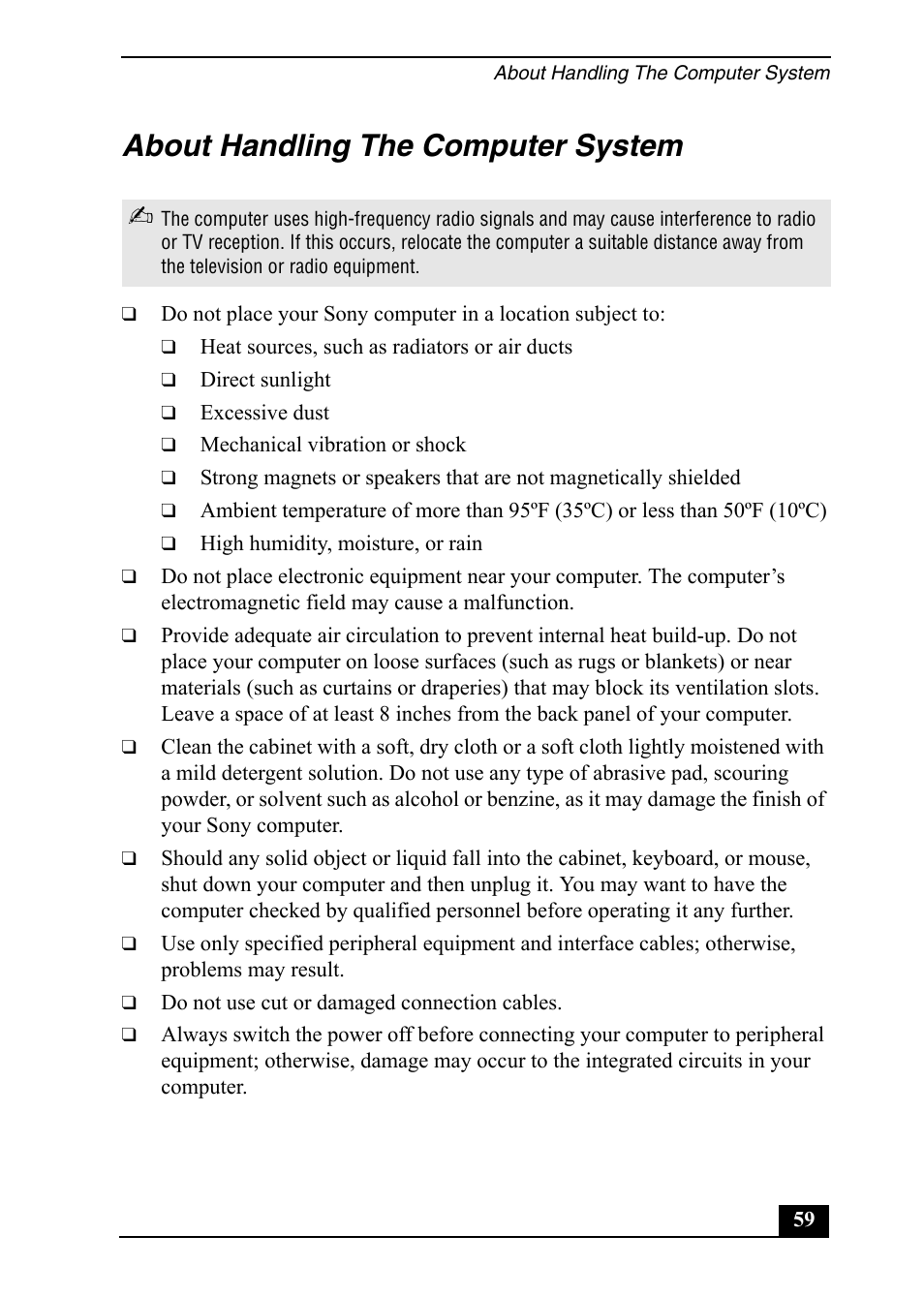 About handling the computer system | Sony Vaio Series User Manual | Page 59 / 72