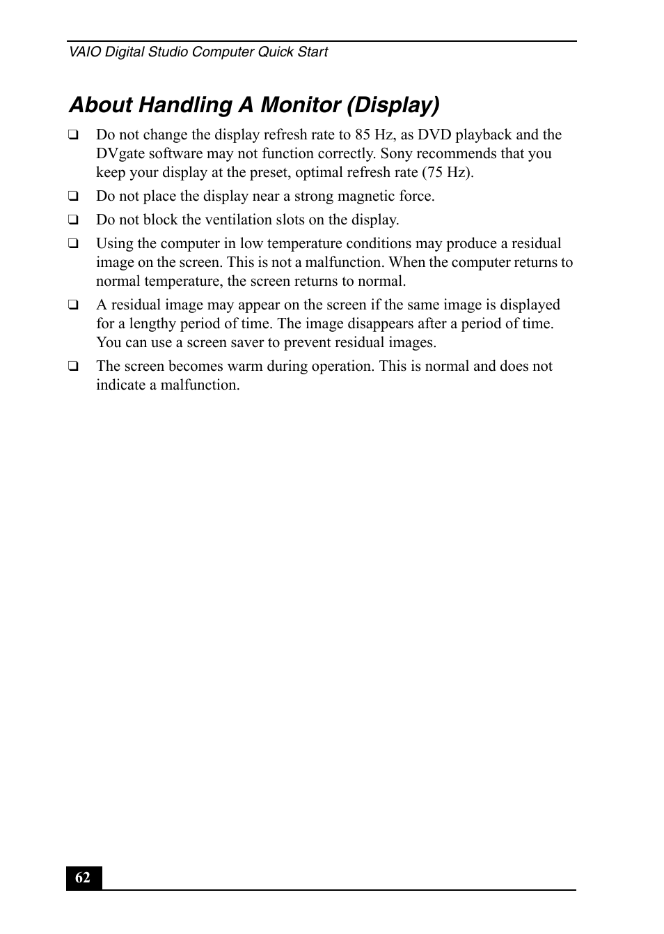 About handling a monitor (display) | Sony Vaio Series User Manual | Page 62 / 72