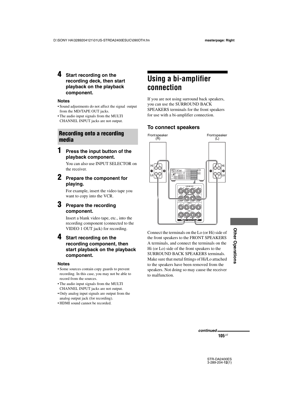 Using a bi-amplifier connection, Recording onto a recording media | Sony 3-289-204-12(1) User Manual | Page 105 / 140