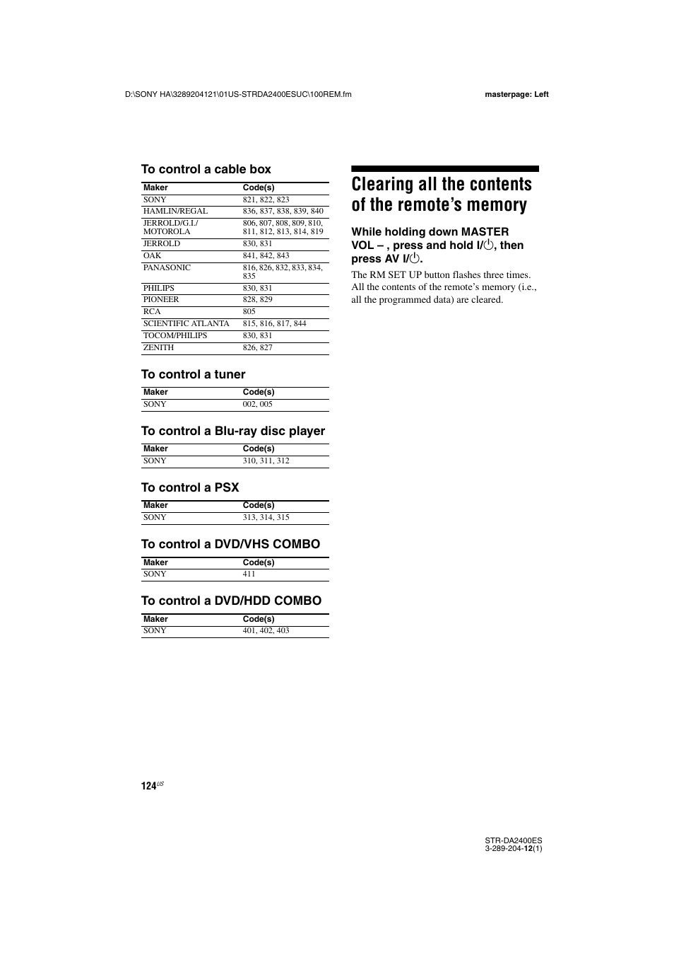 Clearing all the contents of the remote’s memory, Clearing all the contents of the remote’s, Memory | Sony 3-289-204-12(1) User Manual | Page 124 / 140