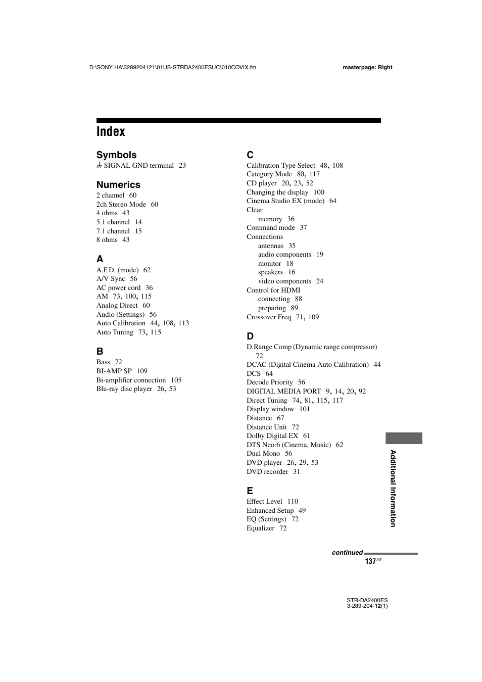 Index | Sony 3-289-204-12(1) User Manual | Page 137 / 140