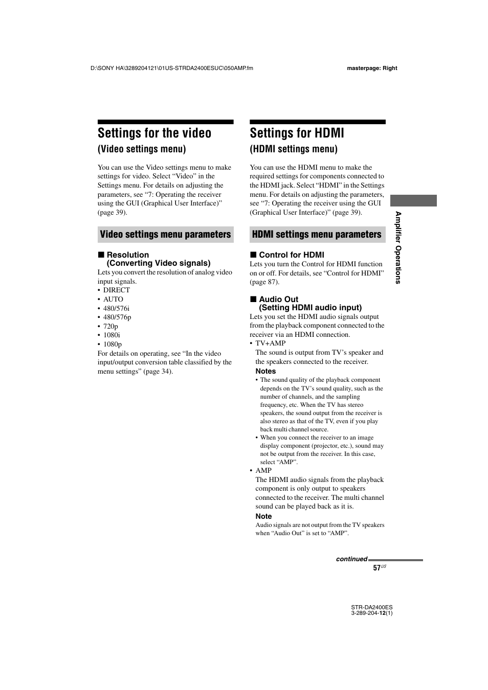 Settings for the video (video settings menu), Settings for hdmi (hdmi settings menu), Settings for the video | Video settings menu), Settings for hdmi, Hdmi settings menu) | Sony 3-289-204-12(1) User Manual | Page 57 / 140