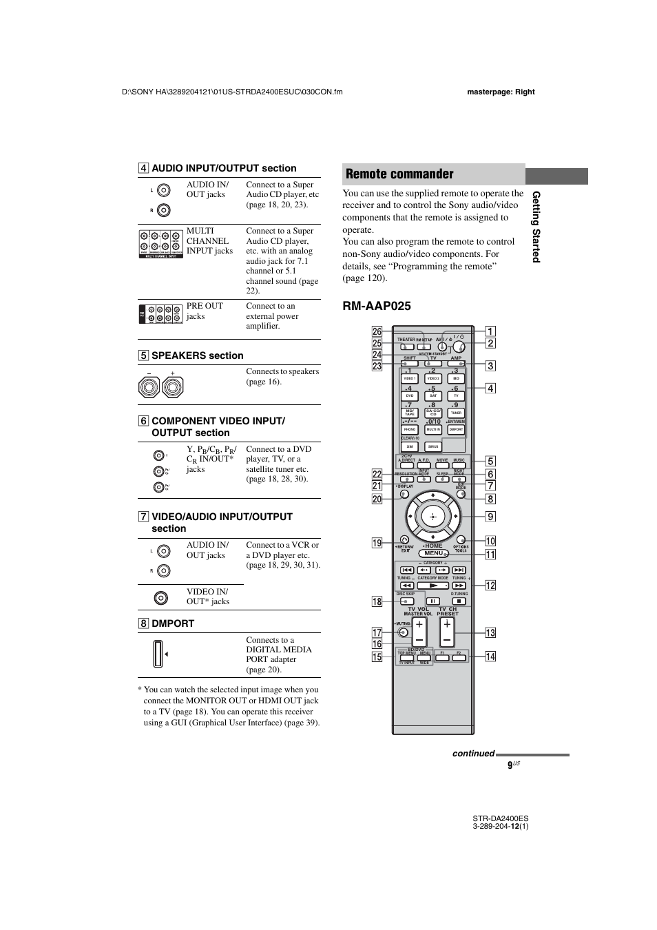 Remote commander, Rm-aap025, Getting star ted | H dmport | Sony 3-289-204-12(1) User Manual | Page 9 / 140