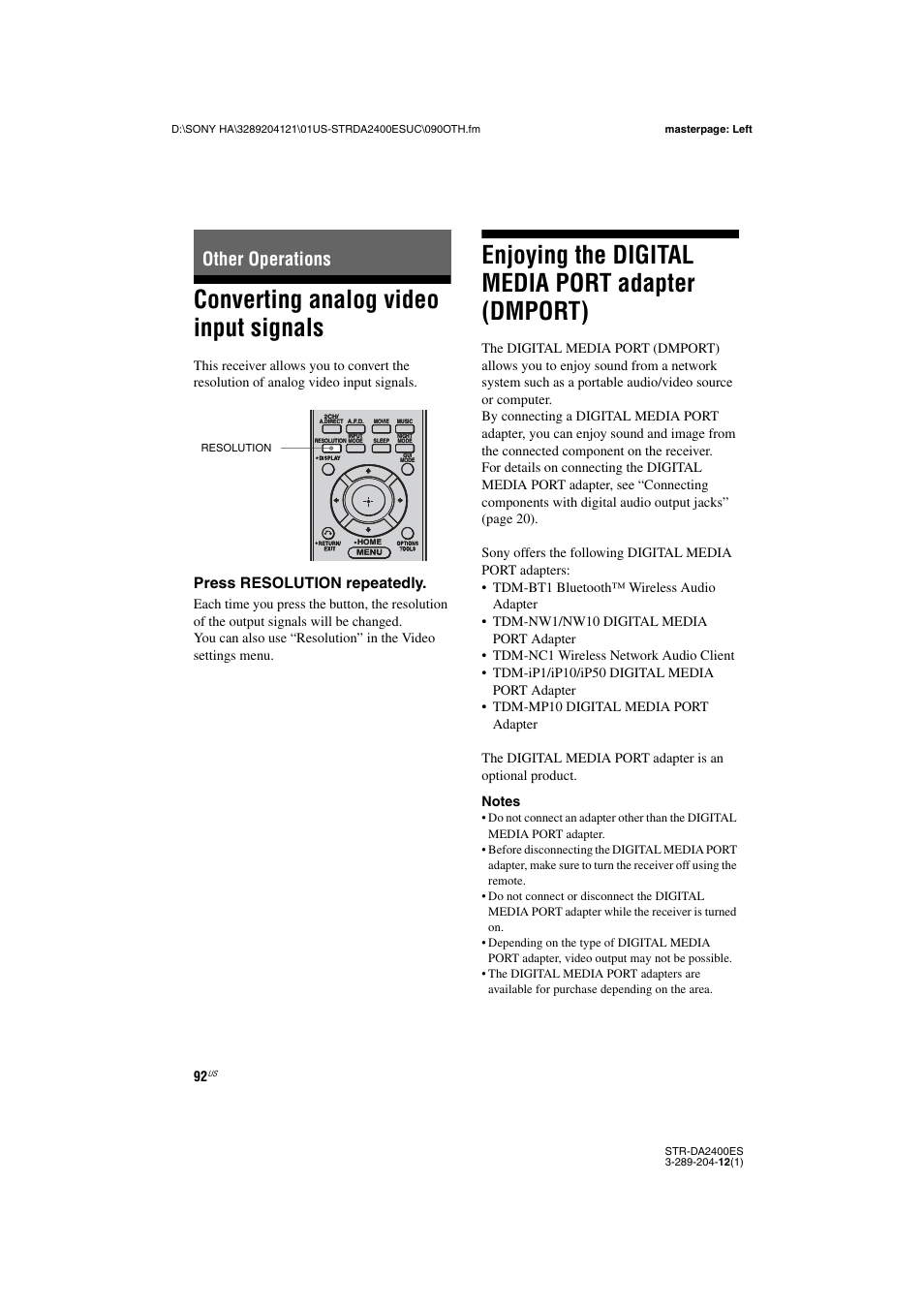 Other operations, Converting analog video input signals, Enjoying the digital media port adapter (dmport) | Adapter (dmport), Press resolution repeatedly | Sony 3-289-204-12(1) User Manual | Page 92 / 140