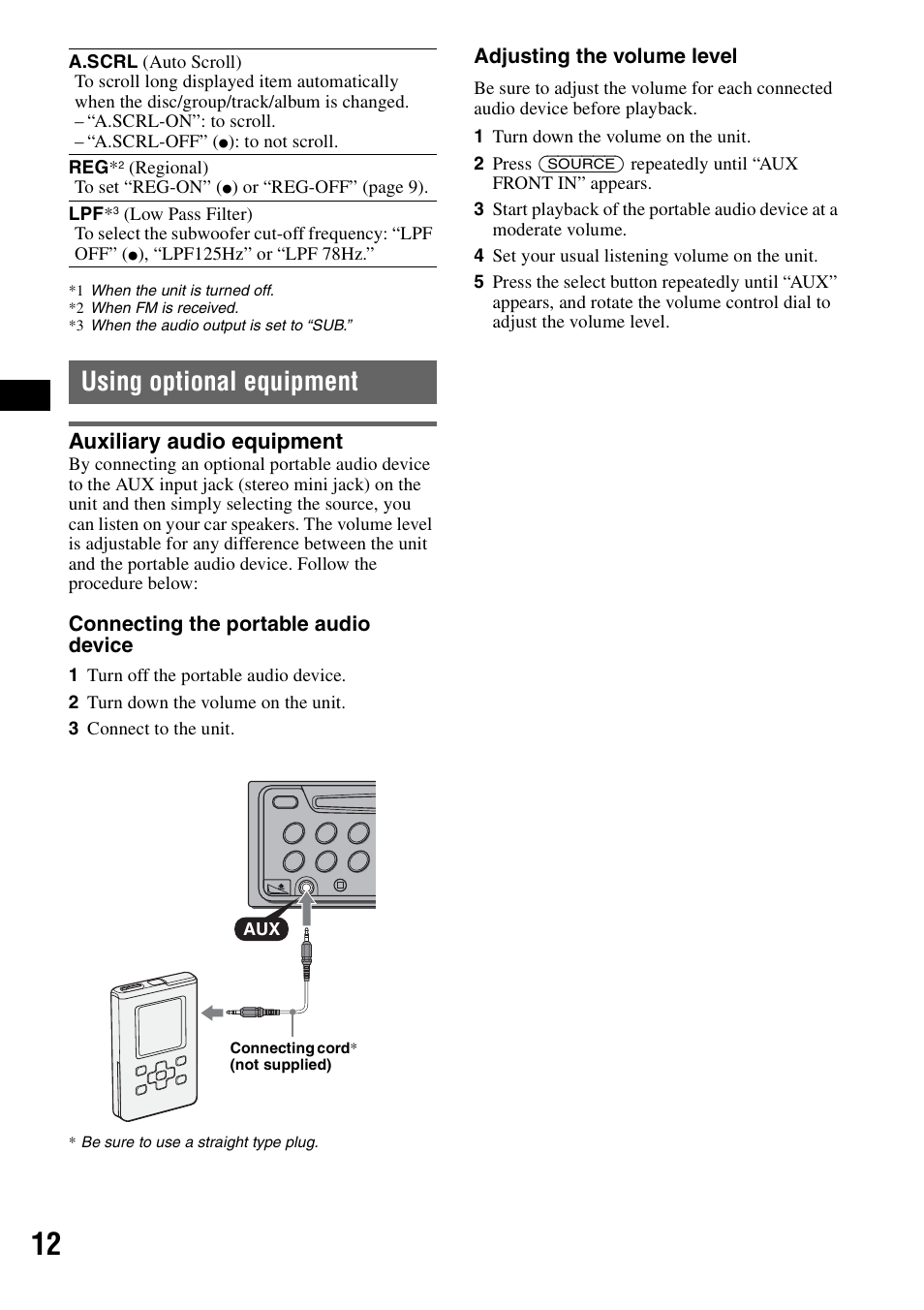 Using optional equipment, Auxiliary audio equipment | Sony CDX-A250 User Manual | Page 12 / 92