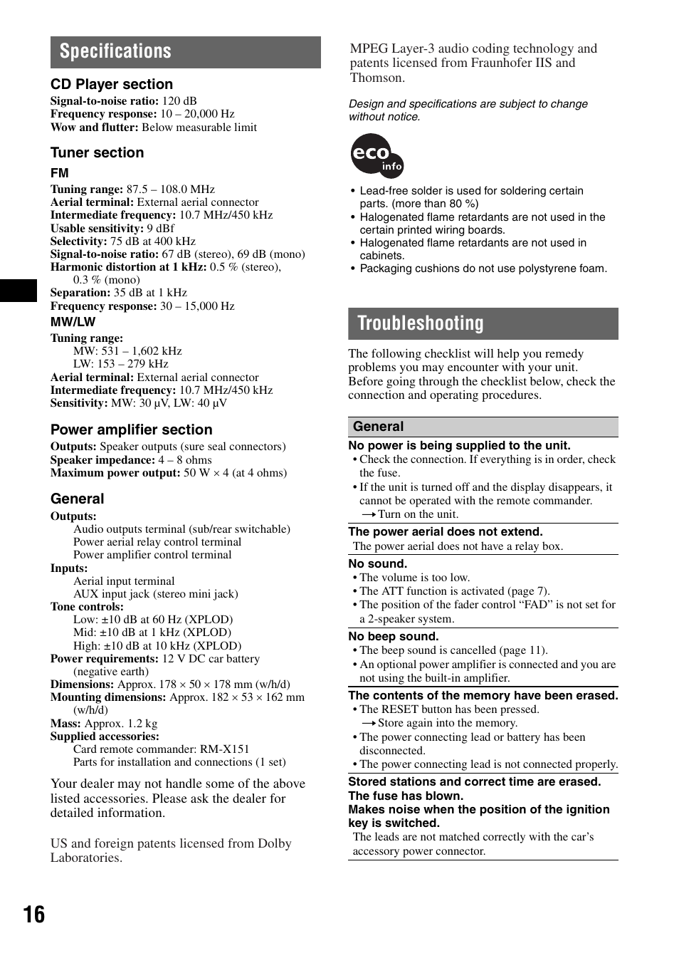 Specifications, Troubleshooting, Specifications troubleshooting | Sony CDX-A250 User Manual | Page 16 / 92