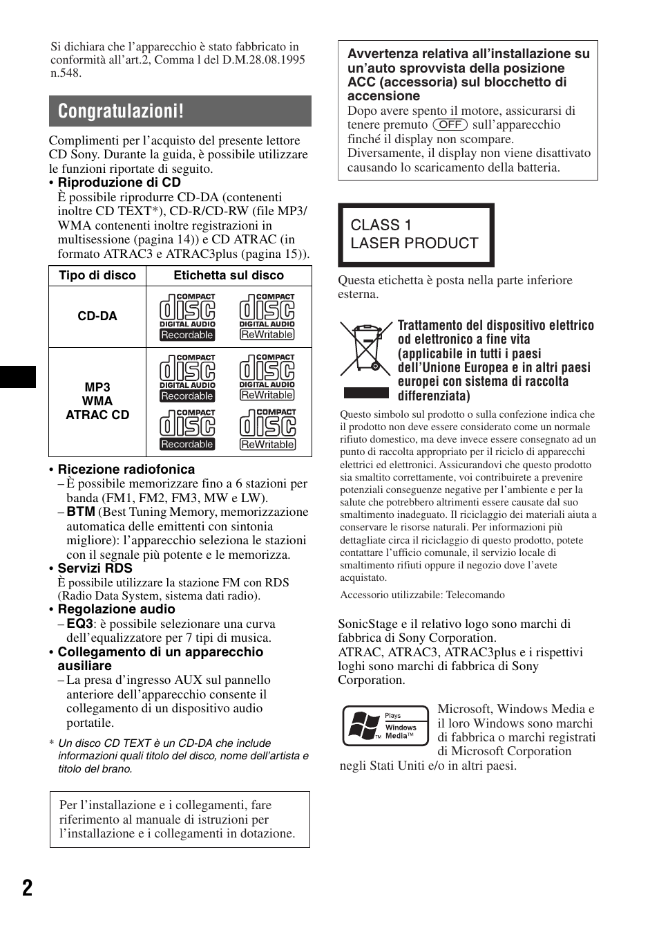 Congratulazioni | Sony CDX-A250 User Manual | Page 56 / 92