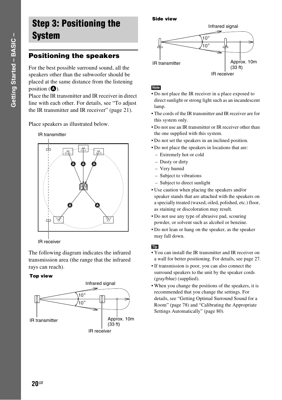 Step 3: positioning the system, Positioning the speakers | Sony DAV-DZ531W User Manual | Page 20 / 116