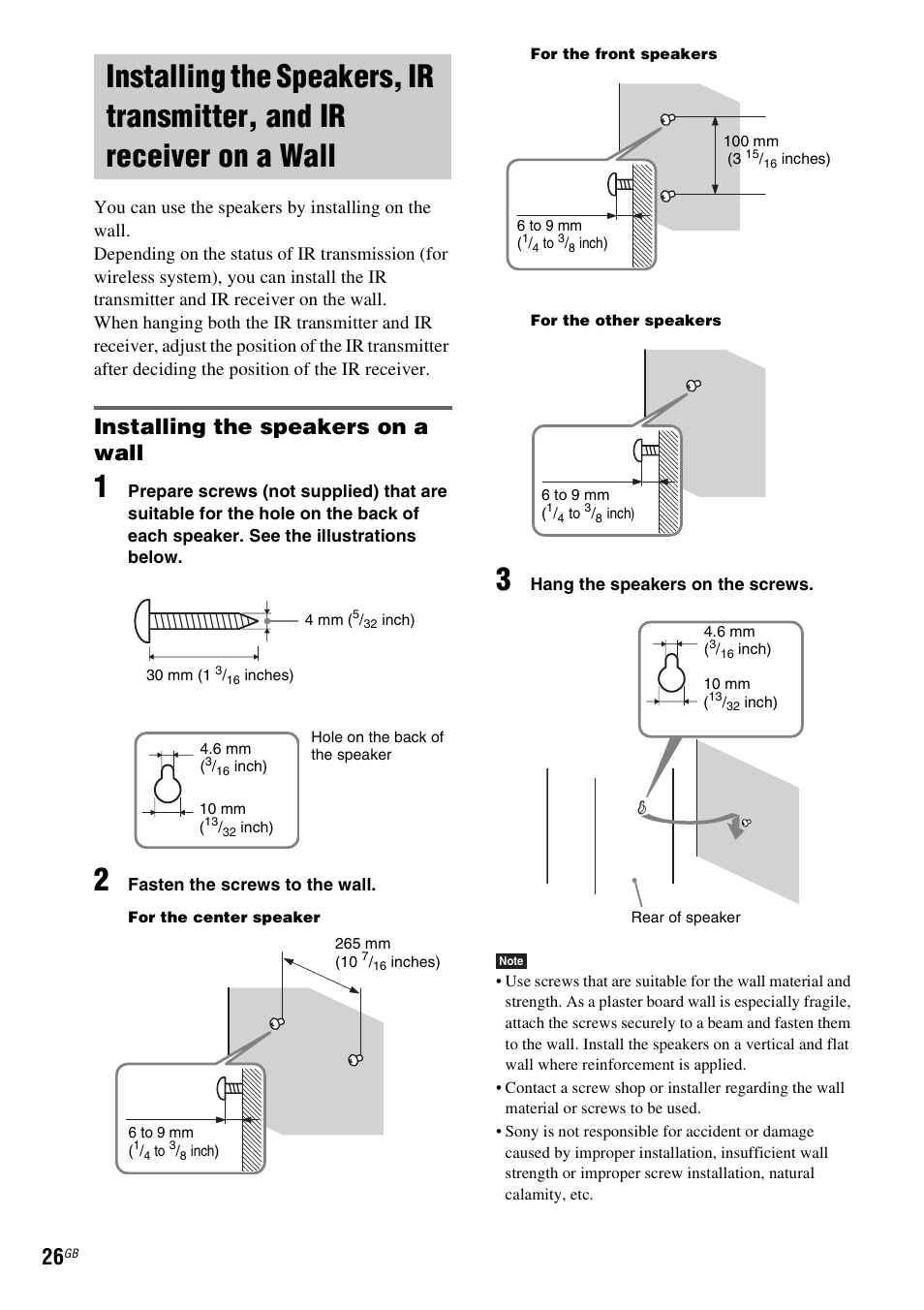 Installing the speakers on a wall, Installing the speakers, ir transmitter, And ir receiver on a wall | Sony DAV-DZ531W User Manual | Page 26 / 116