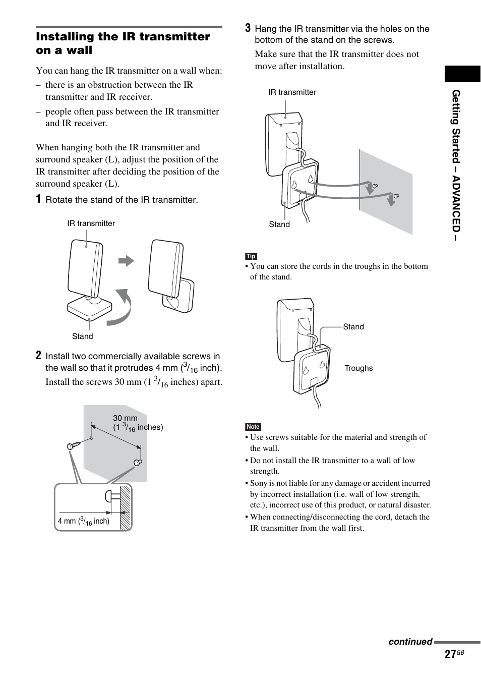 Installing the ir transmitter on a wall | Sony DAV-DZ531W User Manual | Page 27 / 116