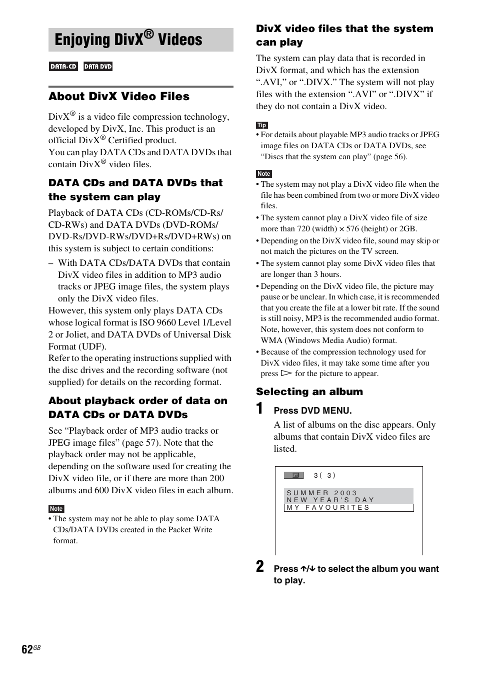 Enjoying divx® videos, About divx video files, Enjoying divx | Videos | Sony DAV-DZ531W User Manual | Page 62 / 116