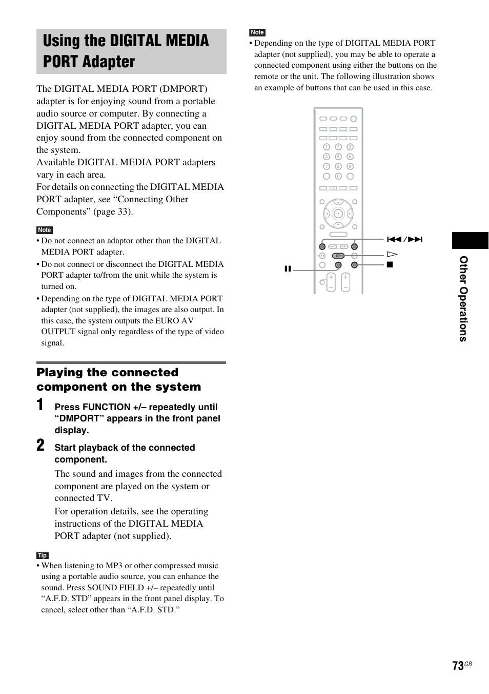 Using the digital media port adapter, Playing the connected component on the system, Using the digital media port | Adapter | Sony DAV-DZ531W User Manual | Page 73 / 116