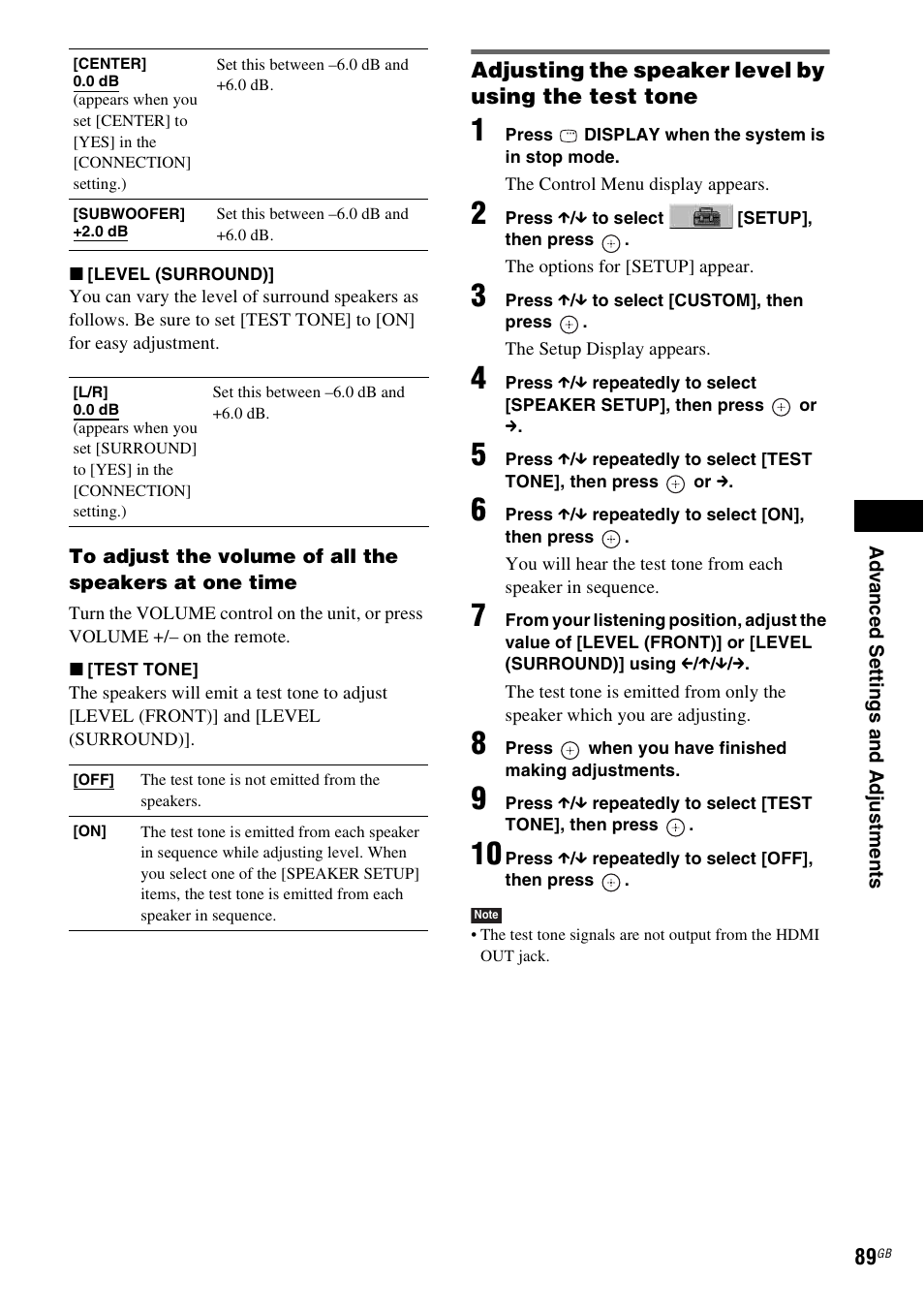 Adjusting the speaker level by using the test tone | Sony DAV-DZ531W User Manual | Page 89 / 116