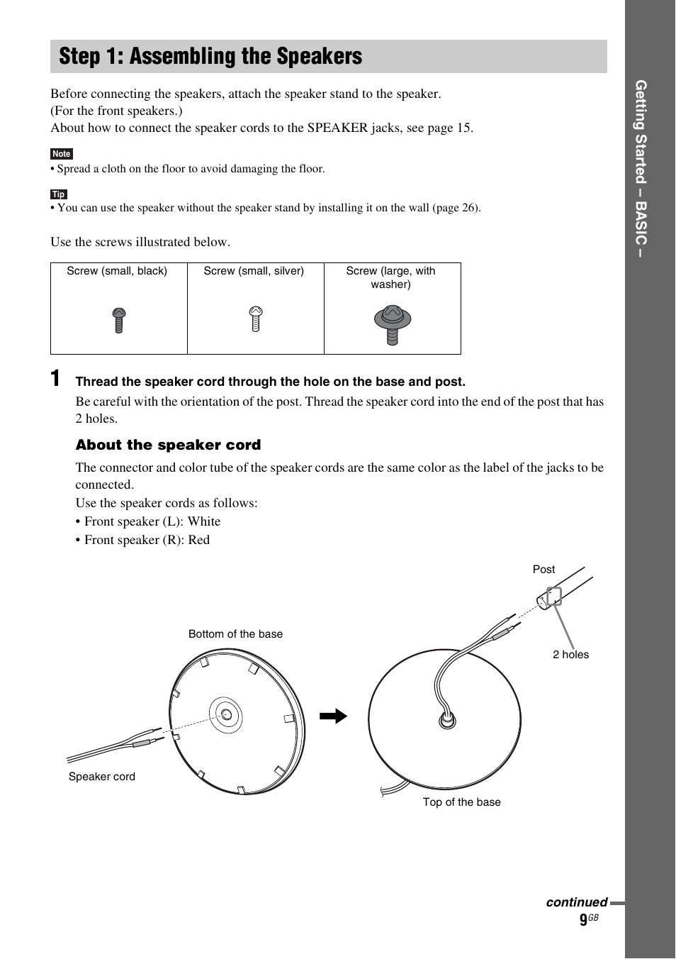 Step 1: assembling the speakers, Step 1: assembling, The speakers | Sony DAV-DZ531W User Manual | Page 9 / 116