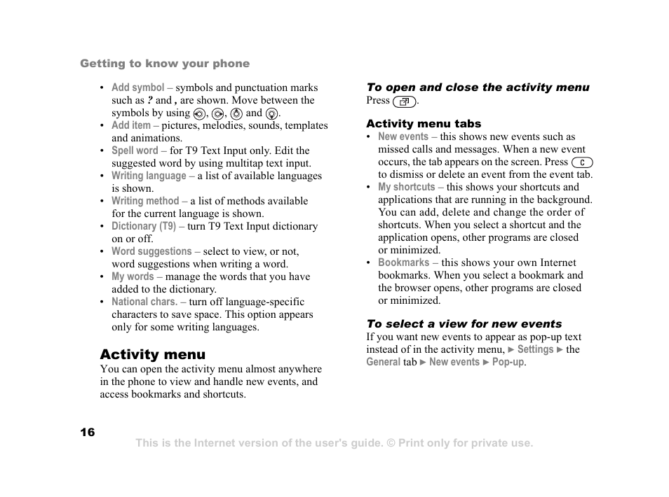 16 activity menu, Activity menu | Sony K600i User Manual | Page 16 / 100