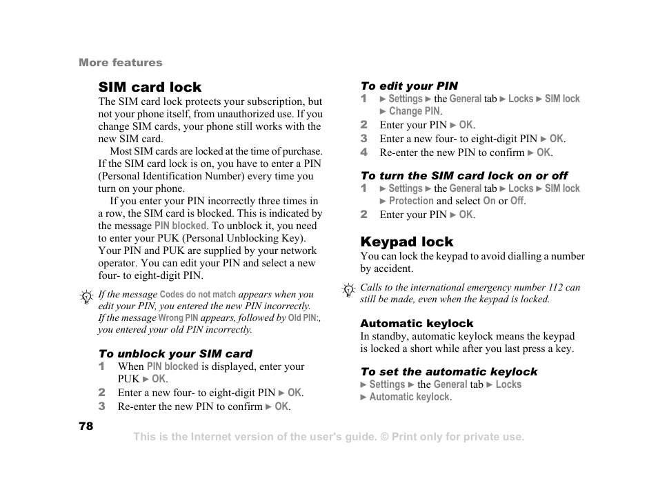 Sim card lock, Keypad lock | Sony K600i User Manual | Page 78 / 100