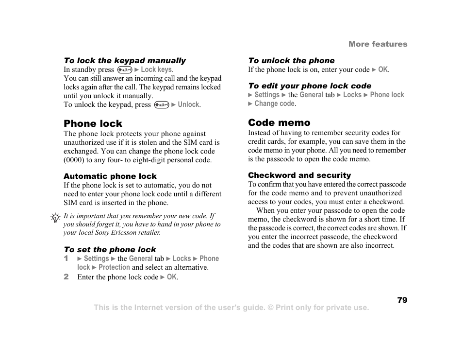 Phone lock | Sony K600i User Manual | Page 79 / 100