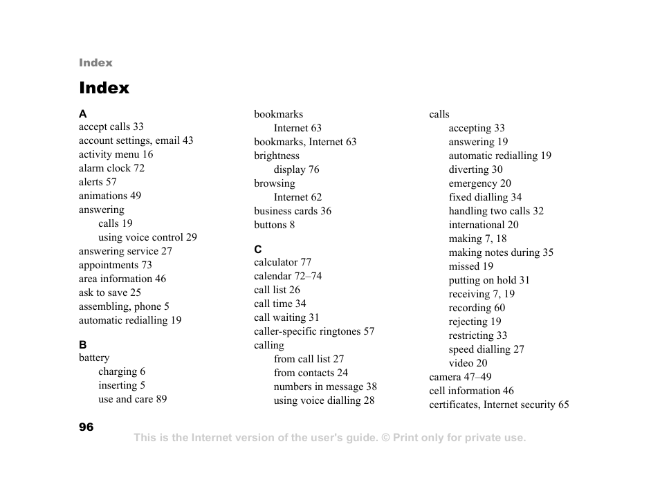 Index | Sony K600i User Manual | Page 96 / 100