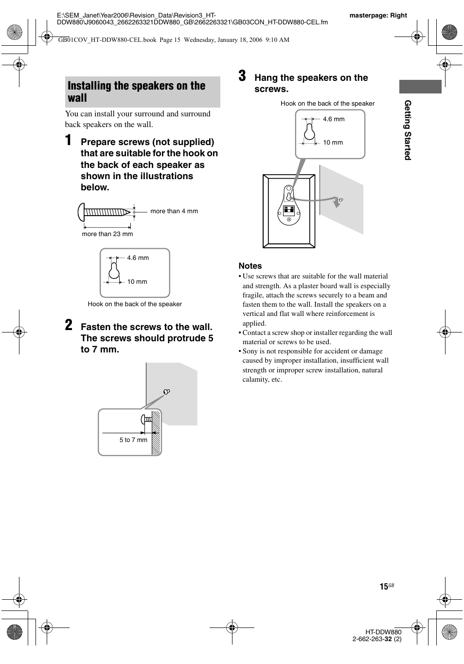 Installing the speakers on the wall | Sony HT-DDW880 User Manual | Page 15 / 80