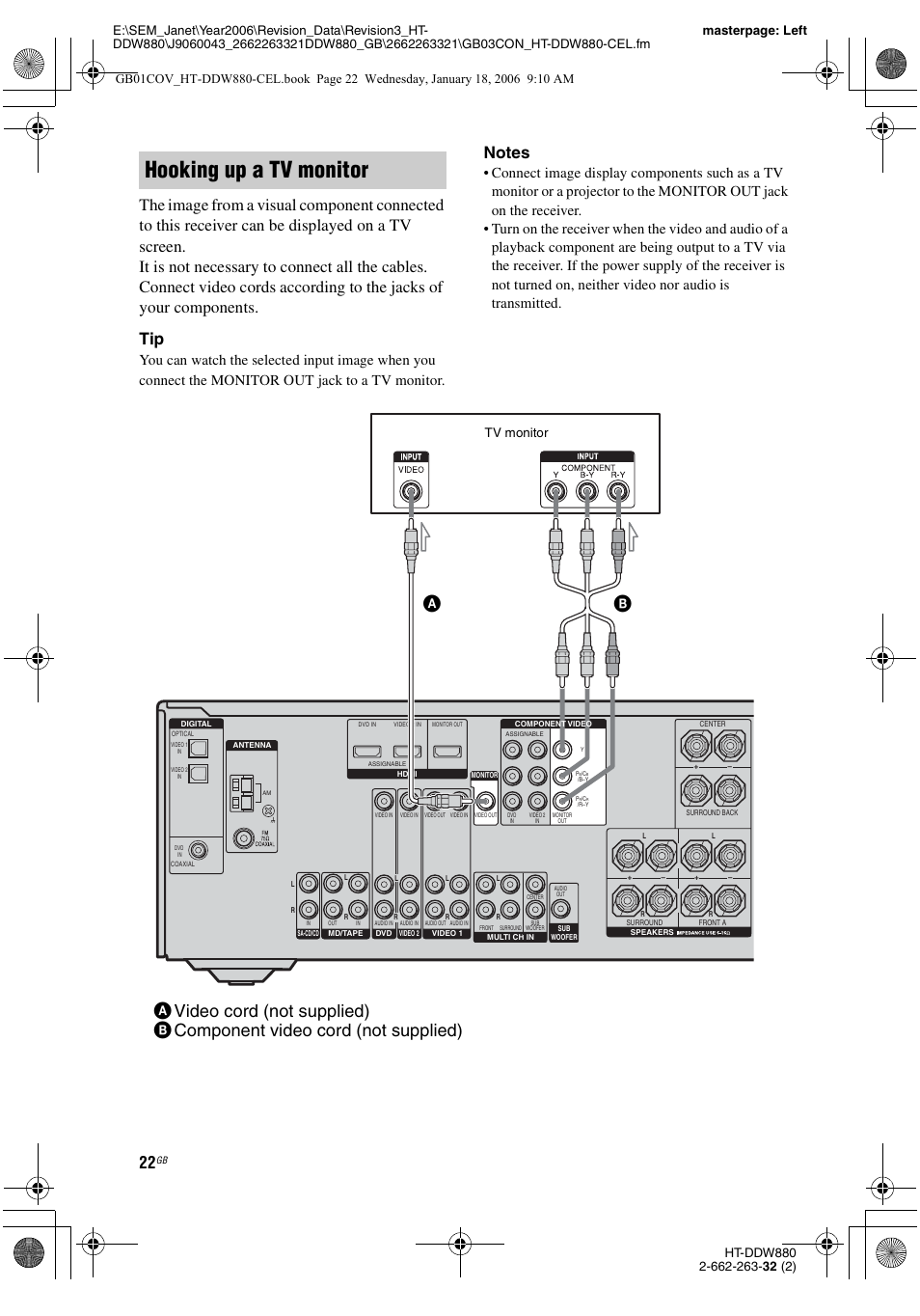 E 22, Hooking up a tv monitor, Tv monitor | Sony HT-DDW880 User Manual | Page 22 / 80