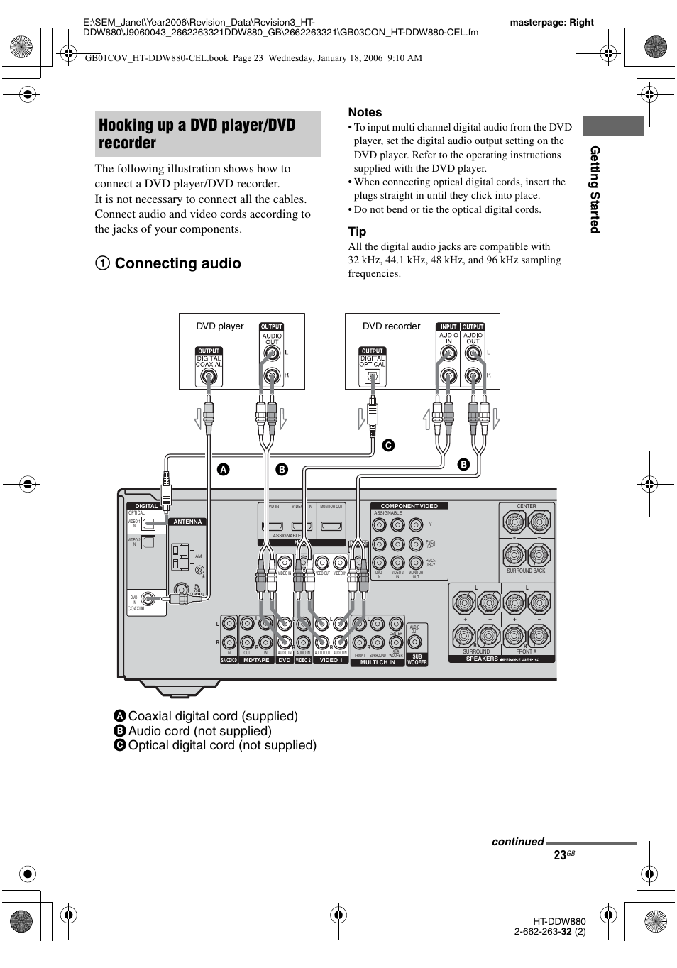 Hooking up a dvd player/dvd recorder, 1connecting audio, Continued | Sony HT-DDW880 User Manual | Page 23 / 80