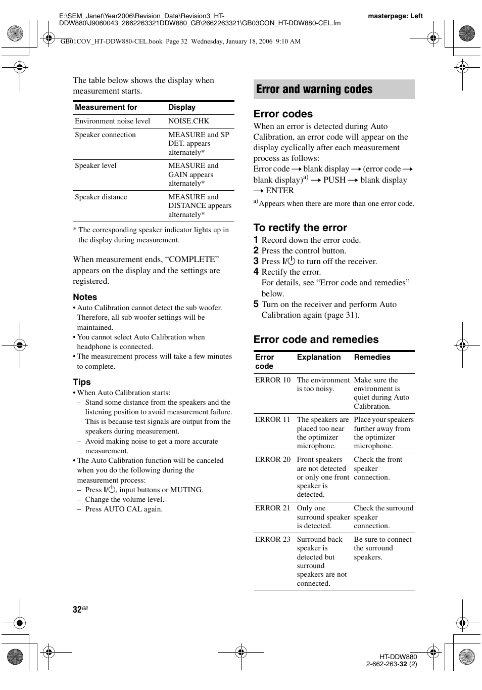 Error and warning codes, Error codes, Error code and remedies | Sony HT-DDW880 User Manual | Page 32 / 80