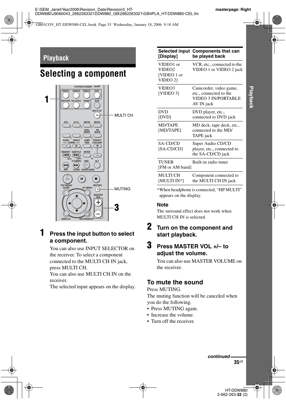 Playback, Selecting a component, Selecting a component 1 | Press the input button to select a component, Turn on the component and start playback, Press master vol +/– to adjust the volume, Play b a ck, You can also use master volume on the receiver | Sony HT-DDW880 User Manual | Page 35 / 80