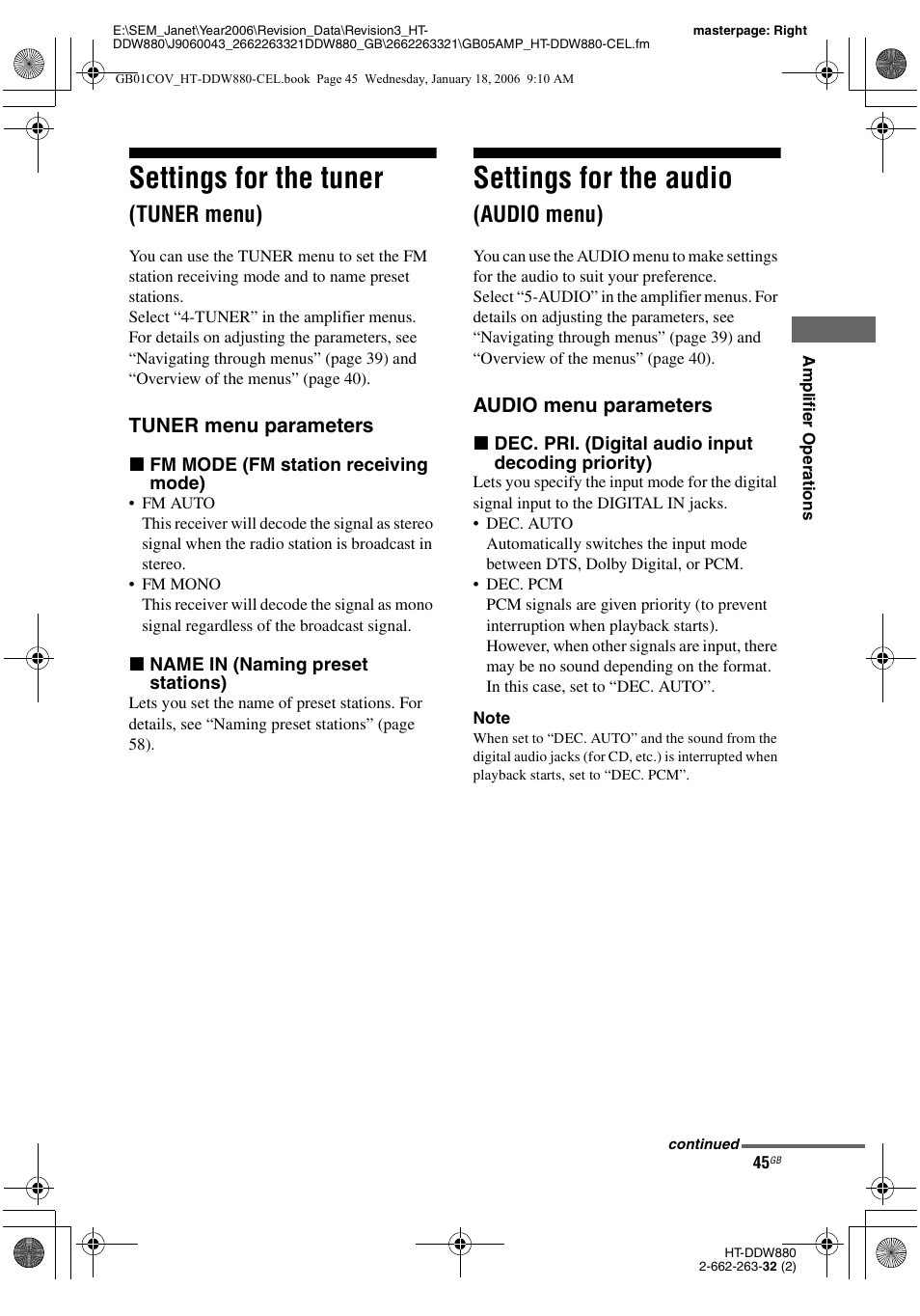 Settings for the tuner (tuner menu), Settings for the audio (audio menu), Udio (45 | Settings for the tuner, Settings for the audio, Tuner menu), Audio menu) | Sony HT-DDW880 User Manual | Page 45 / 80