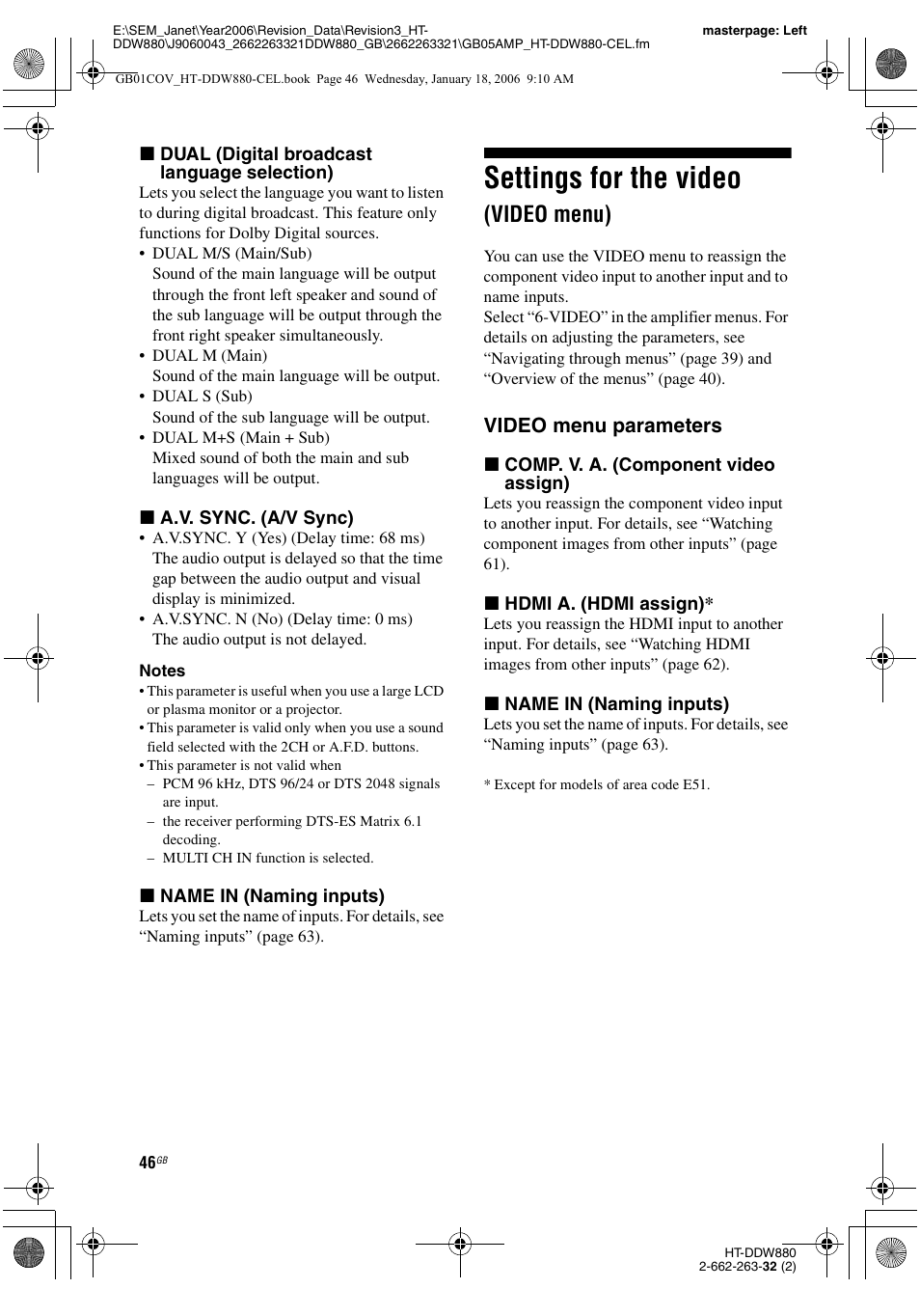 Settings for the video (video menu), O (46), Settings for the video | Video menu), Video menu parameters | Sony HT-DDW880 User Manual | Page 46 / 80