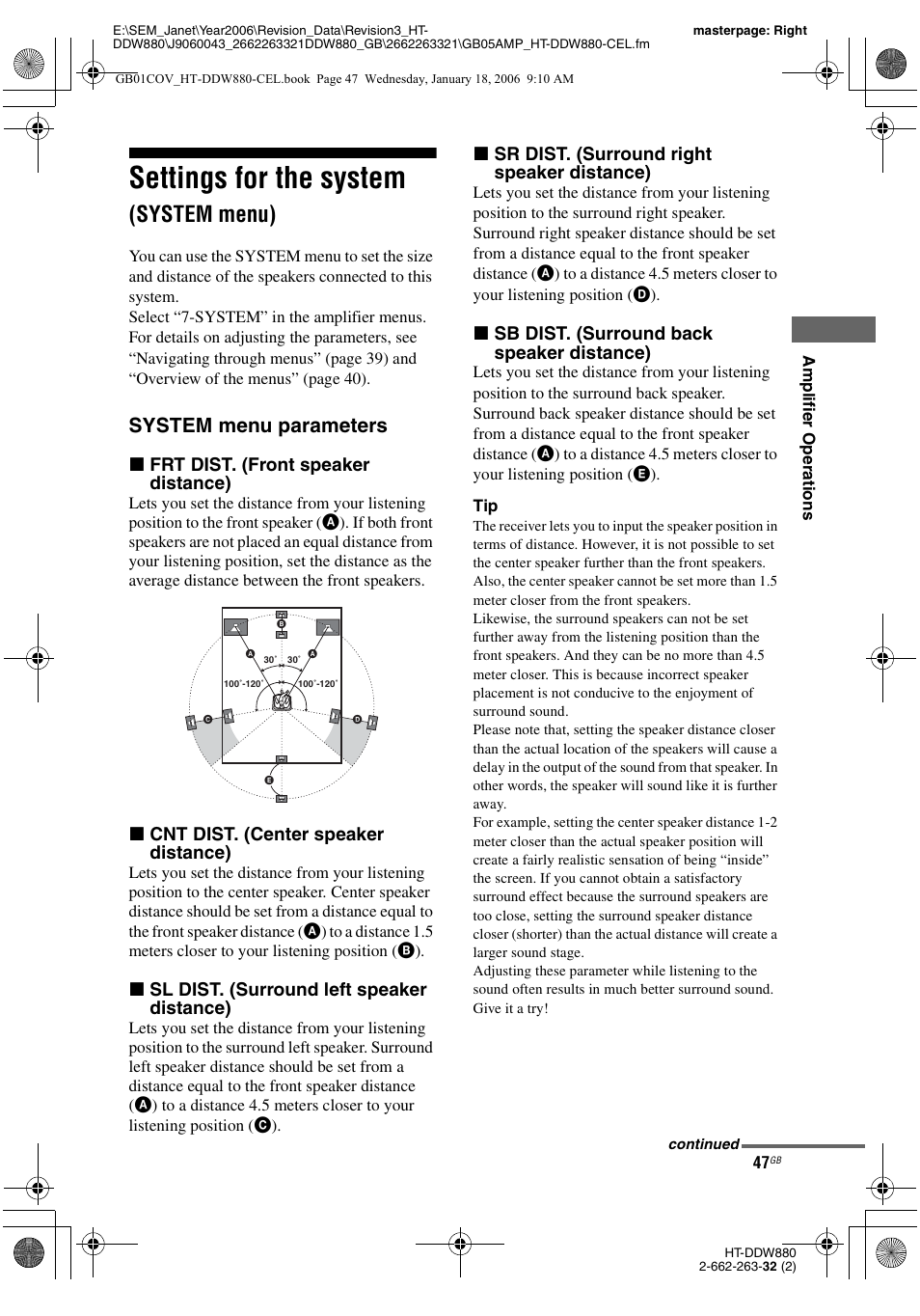 Settings for the system (system menu), Settings for the system, System menu) | System menu parameters, X frt dist. (front speaker distance), X cnt dist. (center speaker distance), X sl dist. (surround left speaker distance), X sr dist. (surround right speaker distance), X sb dist. (surround back speaker distance) | Sony HT-DDW880 User Manual | Page 47 / 80