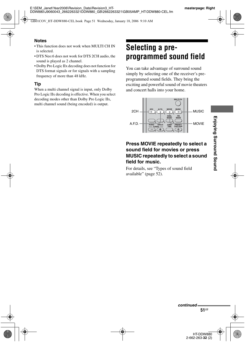 Selecting a pre- programmed sound field, Selecting a pre-programmed sound field | Sony HT-DDW880 User Manual | Page 51 / 80
