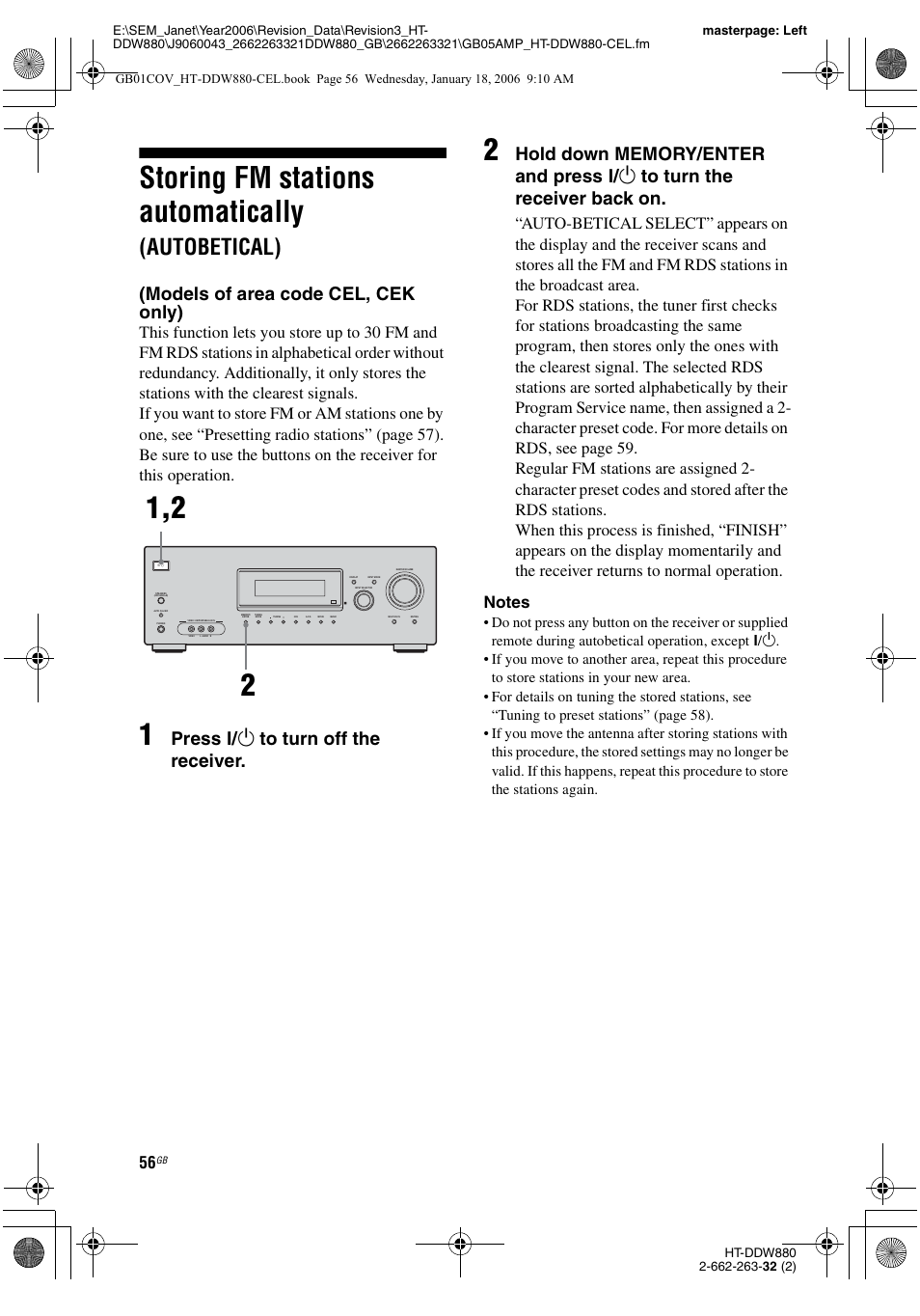 Storing fm stations automatically (autobetical), Storing fm stations automatically, Autobetical) (models of area code cel, cek only) | Autobetical), Models of area code cel, cek only), Press ? / 1 to turn off the receiver | Sony HT-DDW880 User Manual | Page 56 / 80