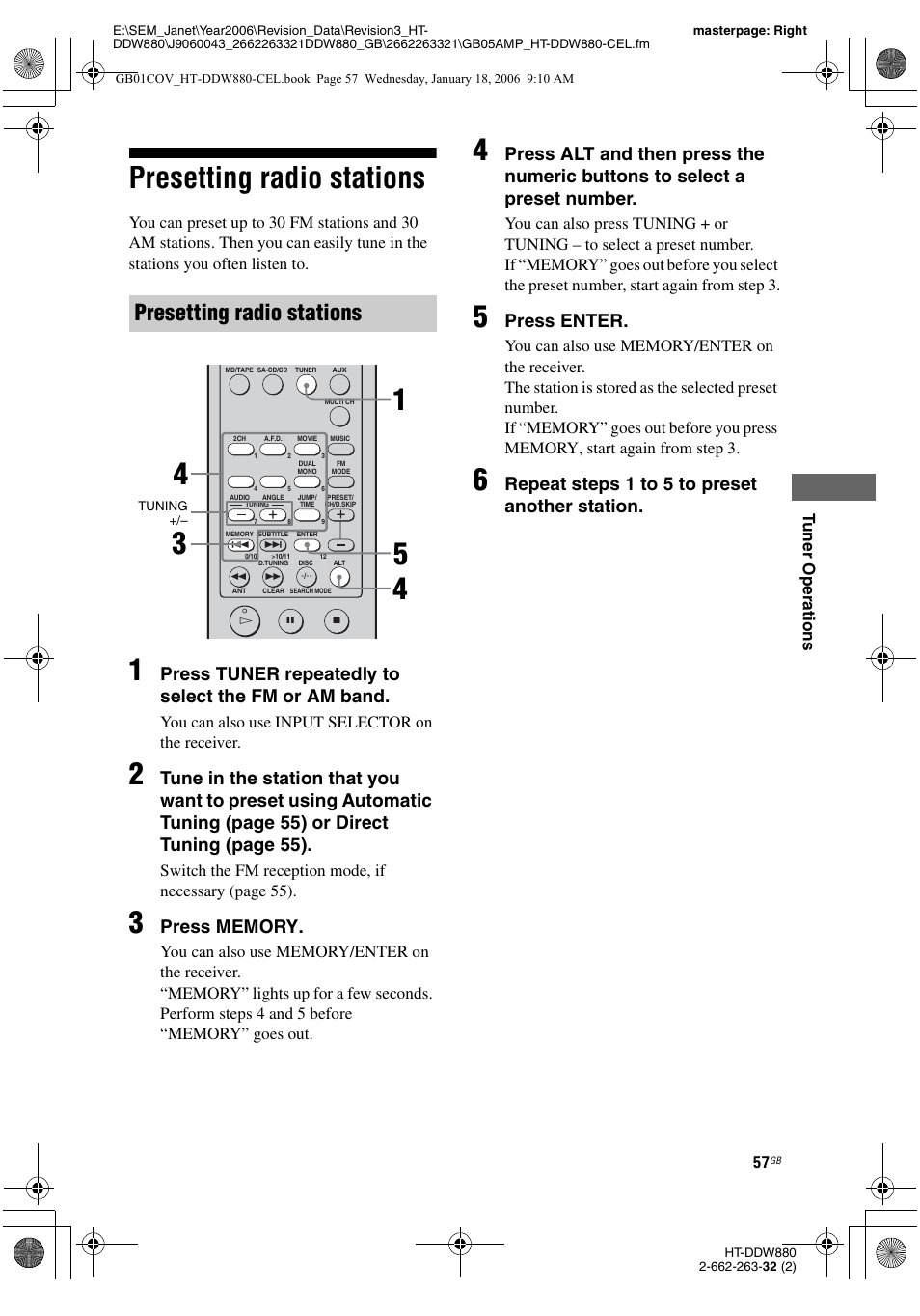 Presetting radio stations, Press tuner repeatedly to select the fm or am band, Press enter | Repeat steps 1 t o 5 t o preset another station, You can also use input selector on the receiver | Sony HT-DDW880 User Manual | Page 57 / 80