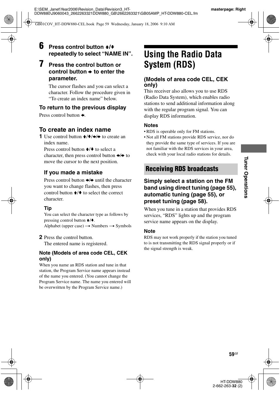 Using the radio data system (rds), Models of area code cel, cek only), Receiving rds broadcasts | Sony HT-DDW880 User Manual | Page 59 / 80