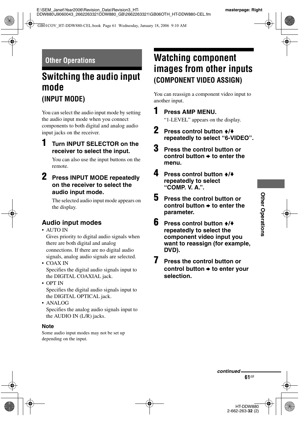 Other operations, Switching the audio input mode (input mode), Switching the audio input mode | Input mode), Watching component images from other, Inputs, Component video assign), Watching component images from other inputs | Sony HT-DDW880 User Manual | Page 61 / 80
