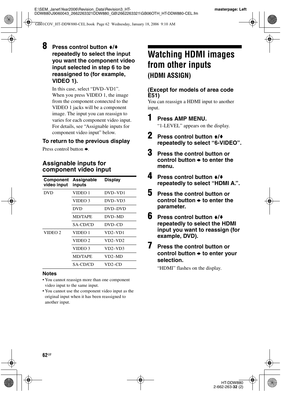 Watching hdmi images from other inputs, Hdmi assign) (except for models of area code e51), Hdmi assign) | Sony HT-DDW880 User Manual | Page 62 / 80