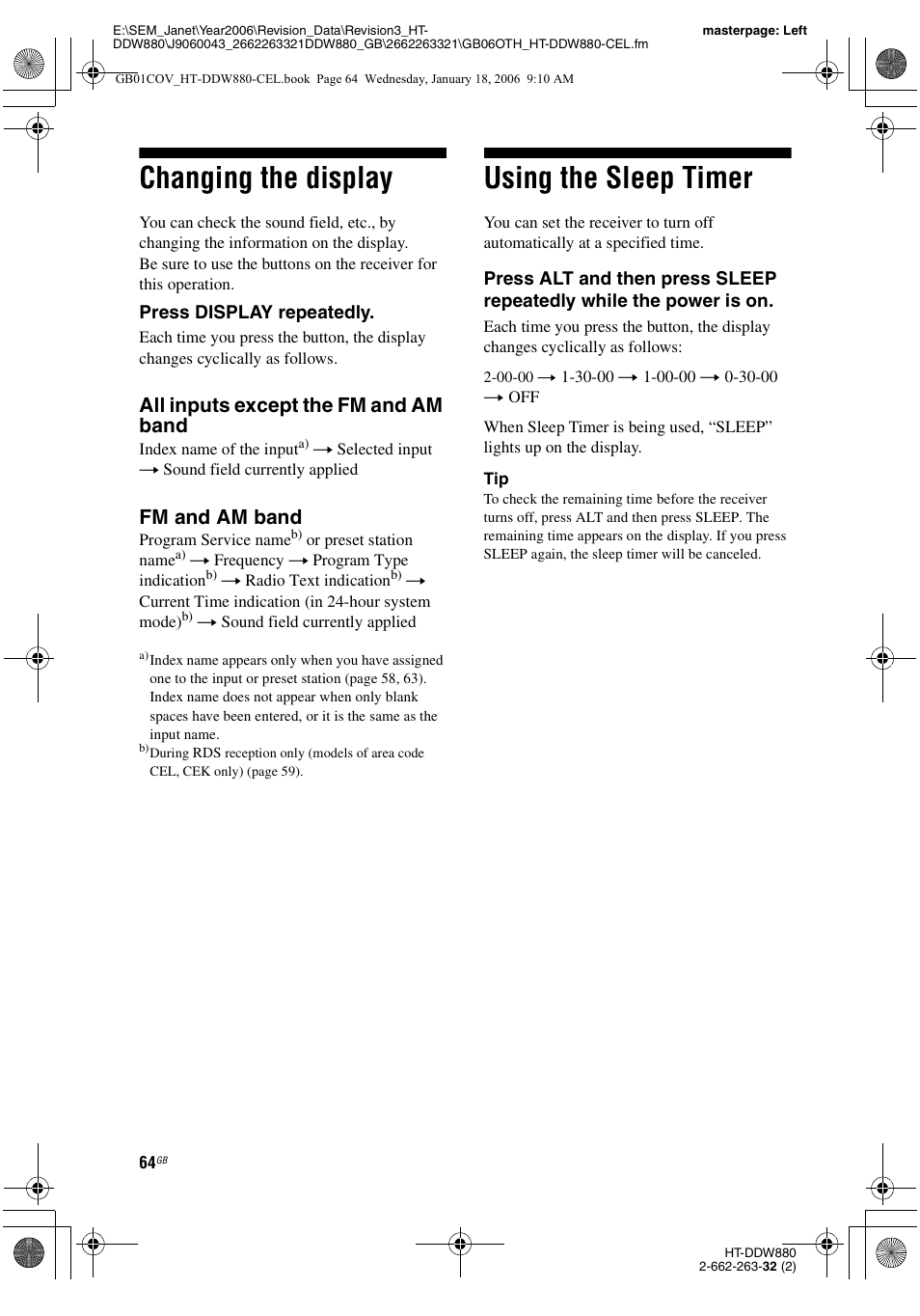 Changing the display, Using the sleep timer, Changing the display using the sleep timer | All inputs except the fm and am band, Fm and am band | Sony HT-DDW880 User Manual | Page 64 / 80