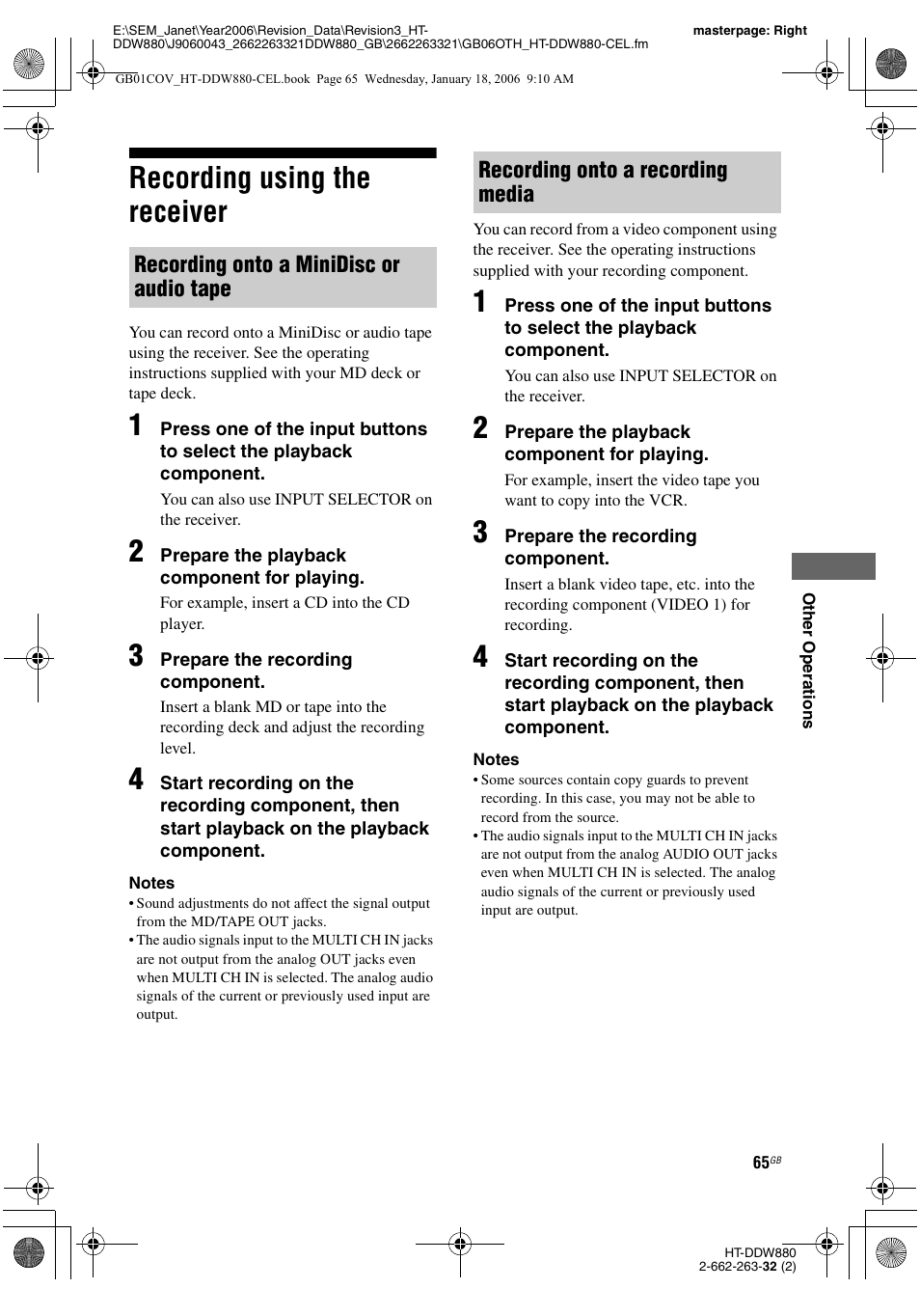Recording using the receiver | Sony HT-DDW880 User Manual | Page 65 / 80