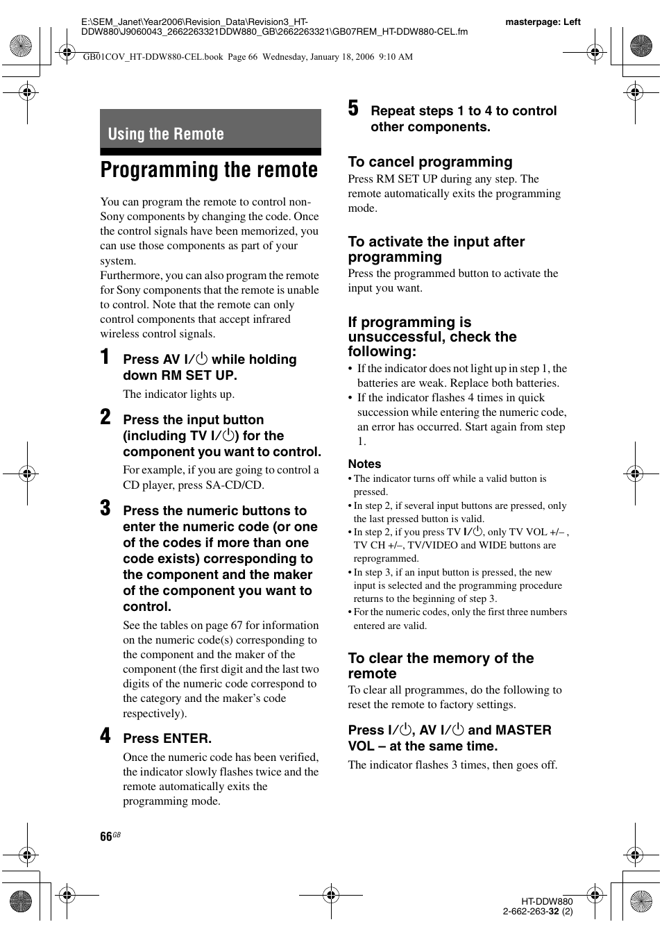 Using the remote, Programming the remote, See “programming | Sony HT-DDW880 User Manual | Page 66 / 80