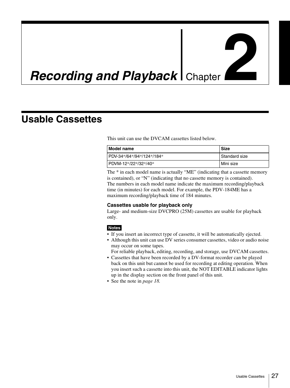 Chapter 2 recording and playback, Usable cassettes, Recording and playback | Sony DSR-1800AP User Manual | Page 27 / 112