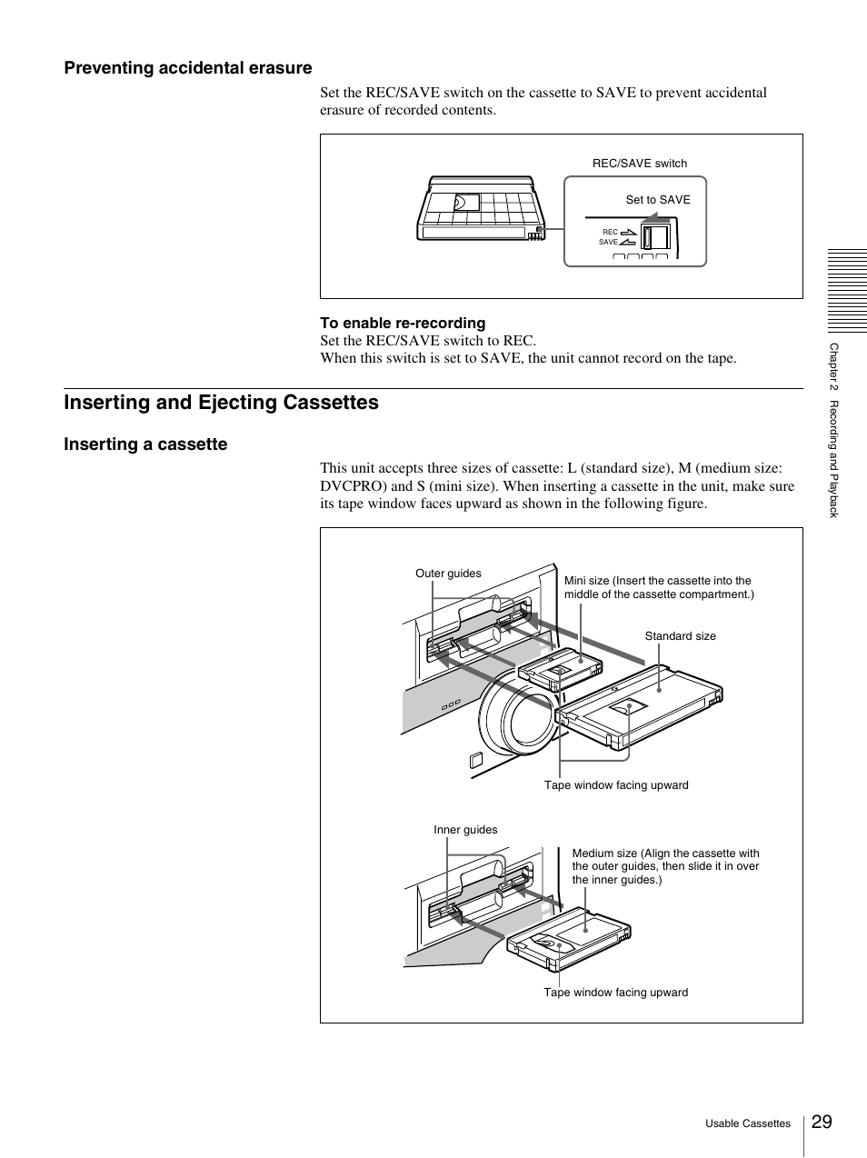 Inserting and ejecting cassettes, Preventing accidental erasure, Inserting a cassette | Sony DSR-1800AP User Manual | Page 29 / 112