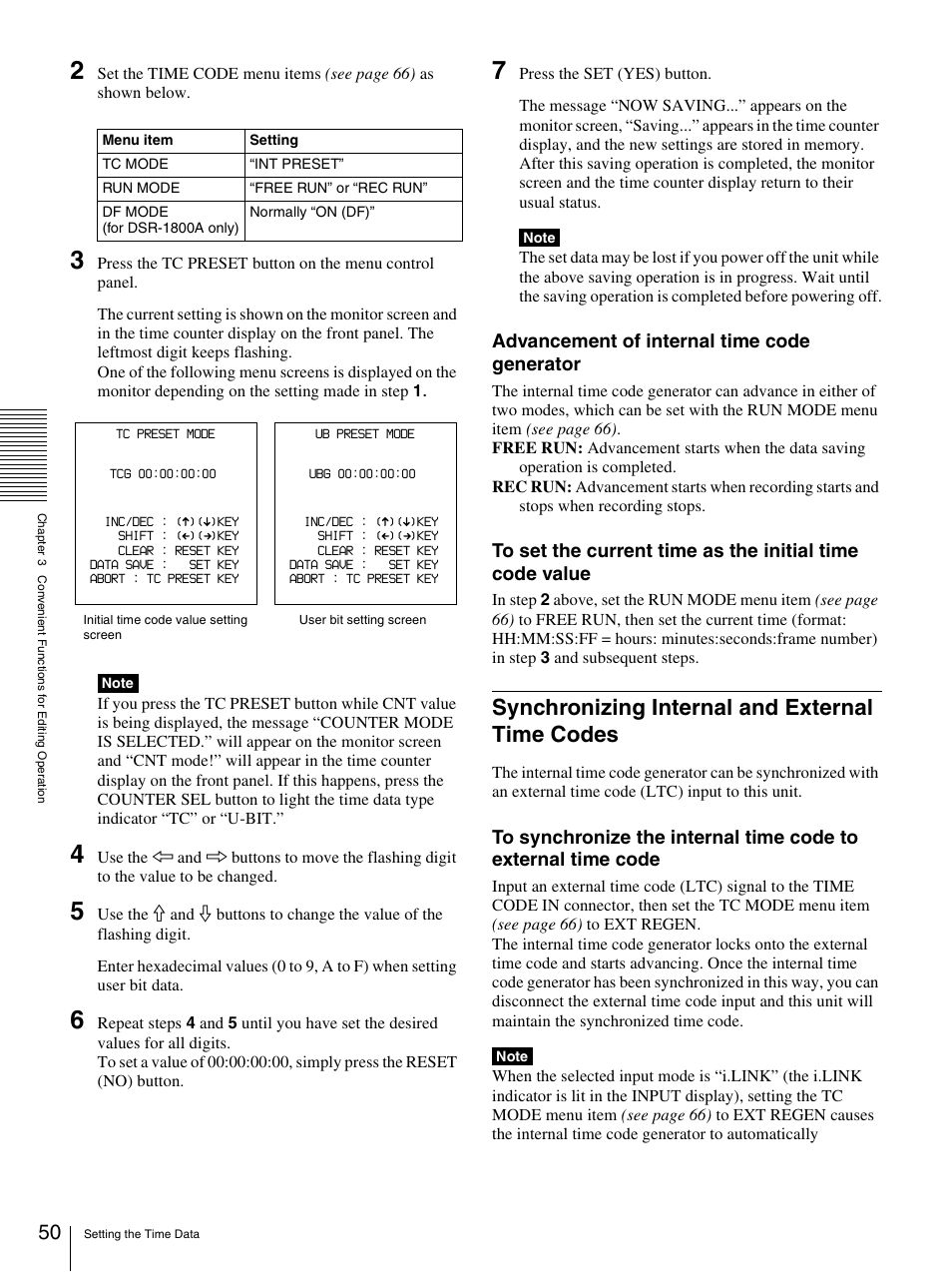 Synchronizing internal and external time codes, Advancement of internal time code generator | Sony DSR-1800AP User Manual | Page 50 / 112