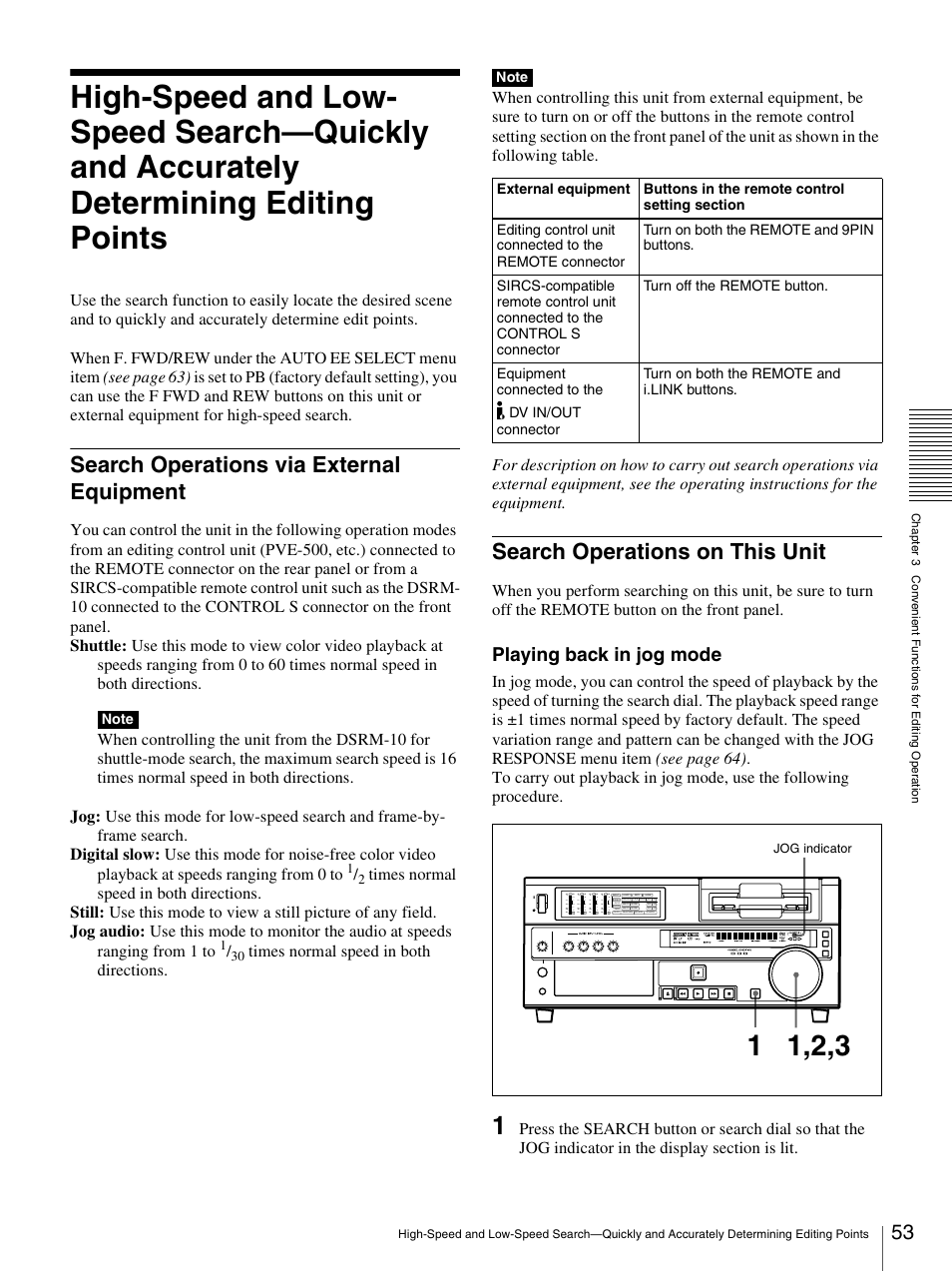 Search operations via external equipment, Search operations on this unit, High-speed and low-speed search—quickly and | Playing back in jog mode | Sony DSR-1800AP User Manual | Page 53 / 112