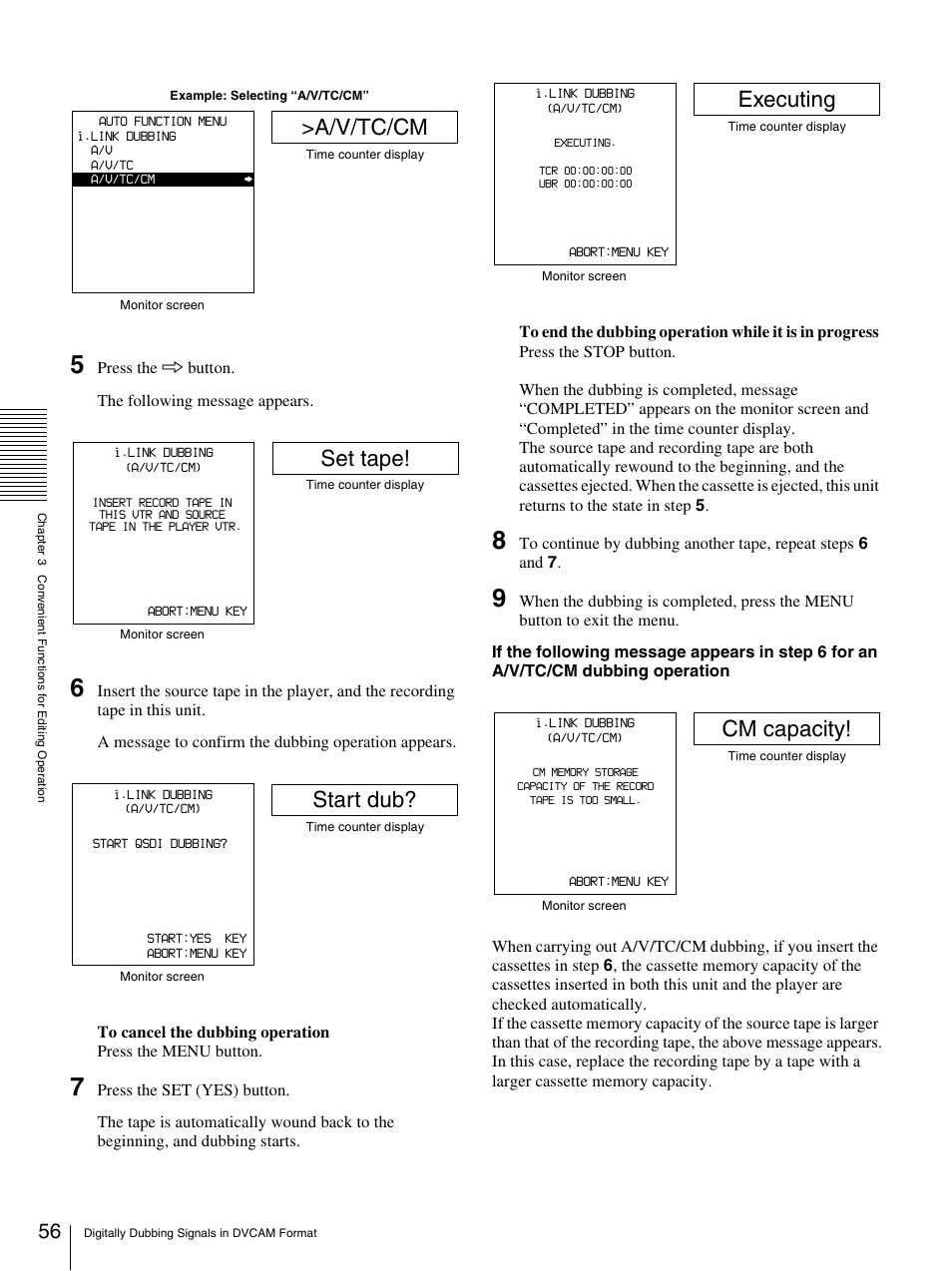 A/v/tc/cm, Set tape, Start dub | Executing, Cm capacity | Sony DSR-1800AP User Manual | Page 56 / 112